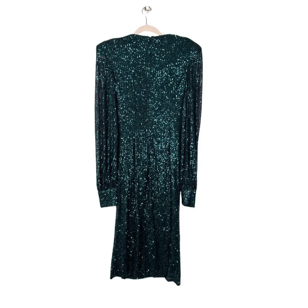 NWT Mac Duggal Sequined Structured Bishop Sleeve Midi Dress Black Emerald #8480